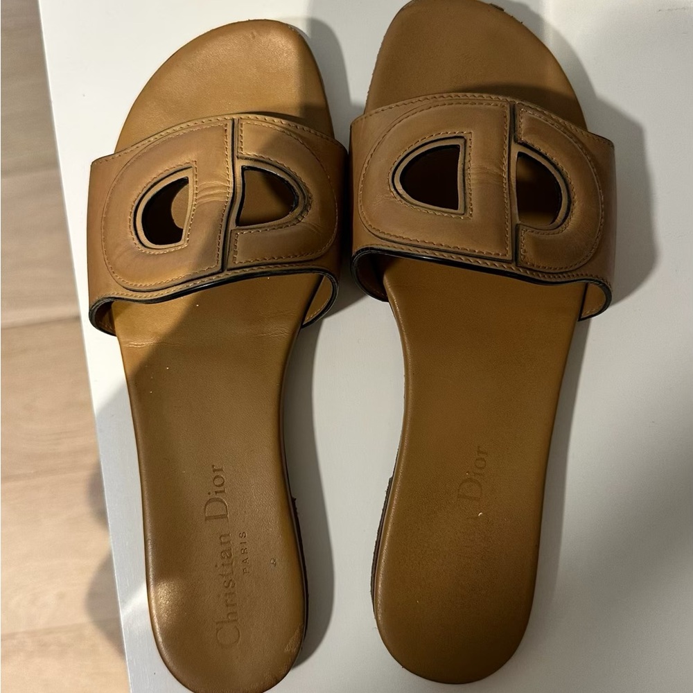 Dior Tan Leather Slide Sandals with Logo